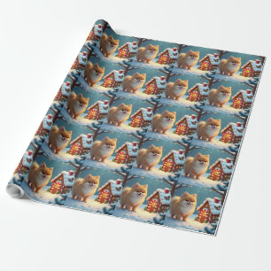 Pomeranian i Gingerbread Village jul Presentpapper