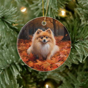 Pomeranian i höstlöv Fall Inspire Julgransprydnad Keramik