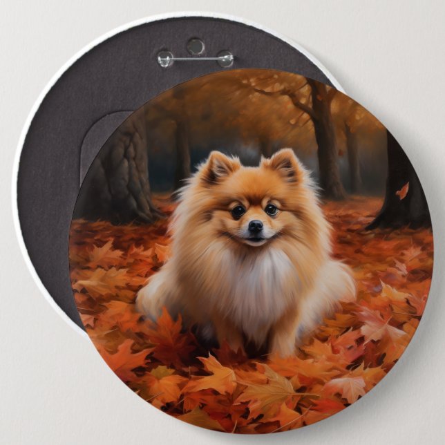 Pomeranian i höstlöv Fall Inspire Knapp (Framsida & baksida)