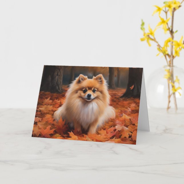 Pomeranian i höstlöv Fall Inspire Kort (Gul blomma)