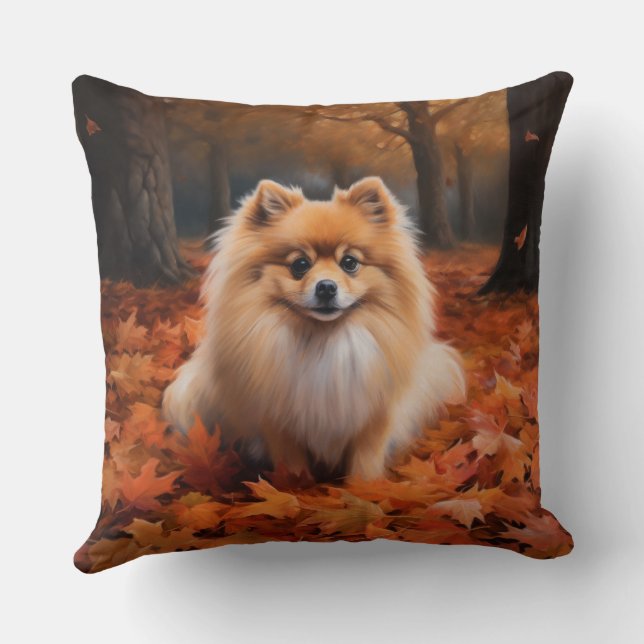 Pomeranian i höstlöv Fall Inspire Kudde (Baksida)