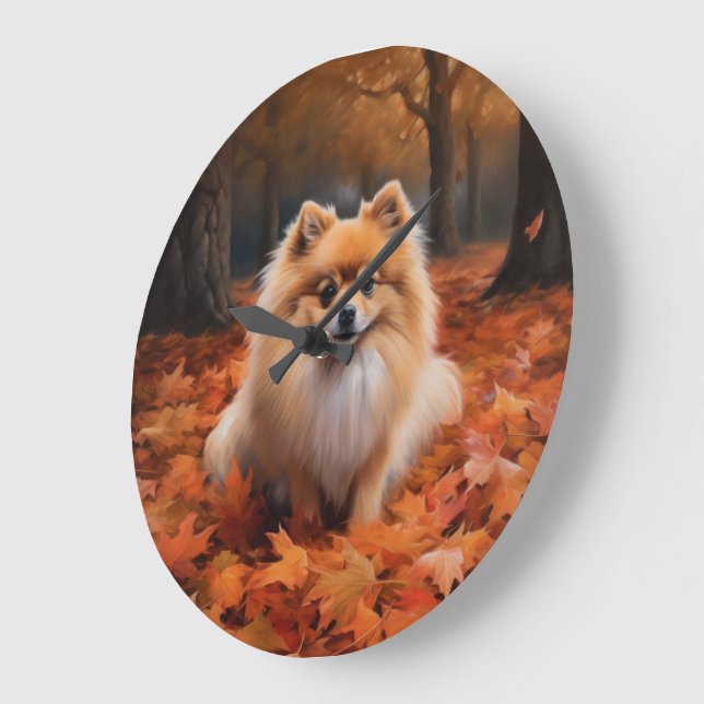 Pomeranian i höstlöv Fall Inspire Stor Klocka (Vinkel)
