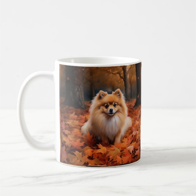 Pomeranian i höstlöv Fall Inspirerar Kaffemugg (Vänster)