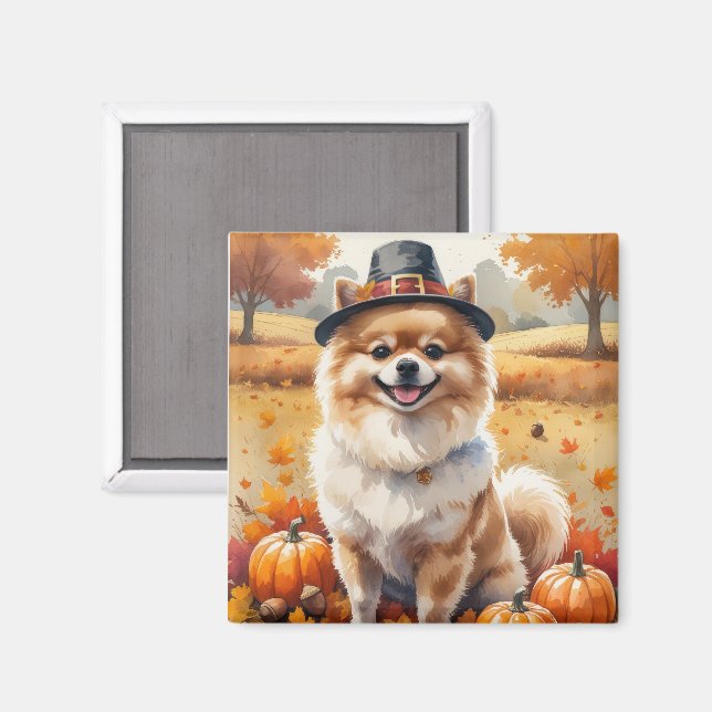 Pomeranian i höstlöv tackgivande konst magnet (Front/Back)