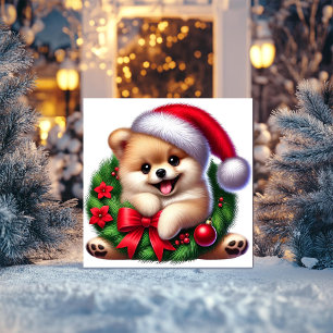 Pomeranian i julkrans julkort