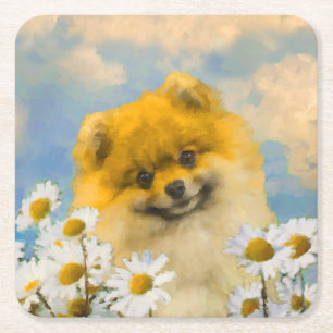 Pomeranian i prästkragar målning - Original hundko Underlägg Papper Kvadrat