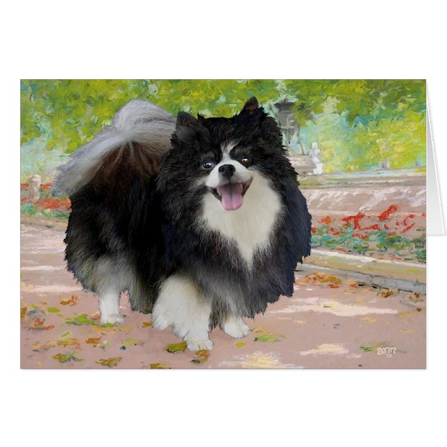 Pomeranian i skuggig promenad hälsningskort (Framsidan Horizontal)