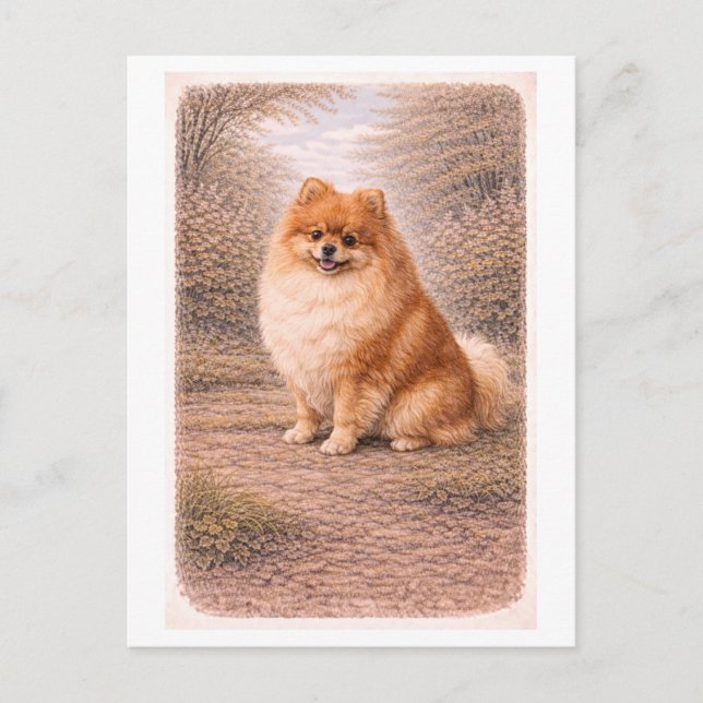 Pomeranian i vintage-stil vykort (Framsida)