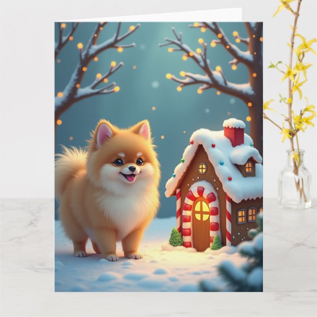 Pomeranian in Gingerbread Village Christmas Kort (Gul blomma)
