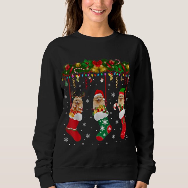 Pomeranian In Sock Xmas Reindeer Santa ELF Dog T Shirt (Framsida)