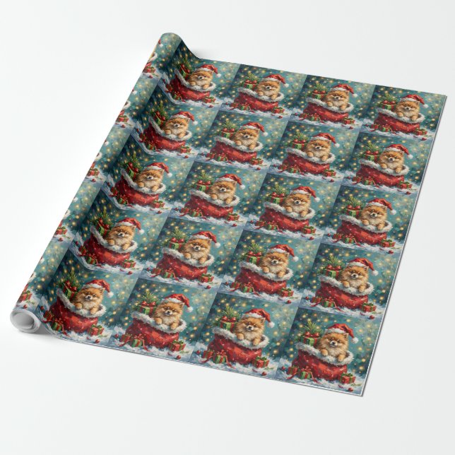 Pomeranian jul Santa påse äventyr Presentpapper (Utrullad)