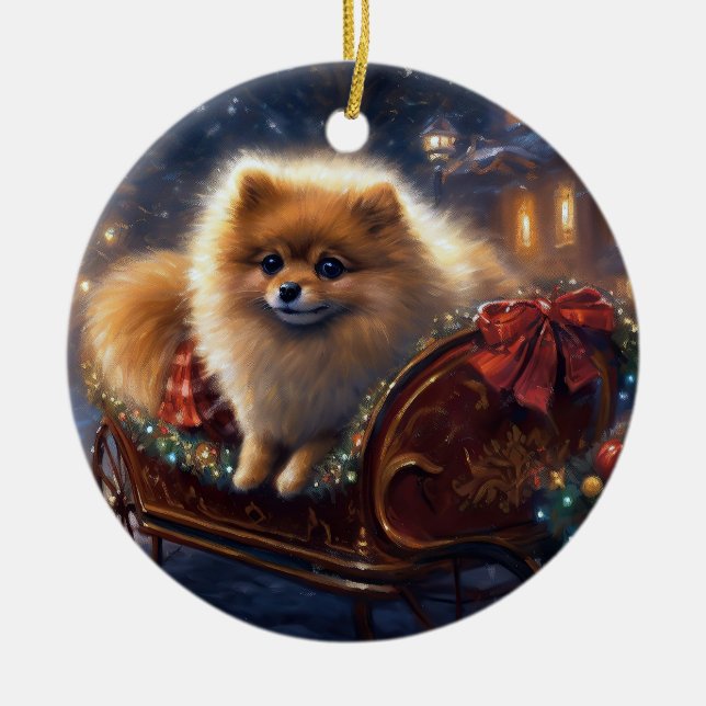 Pomeranian Julfirande Brukad Julgransprydnad Keramik (Framsidan)