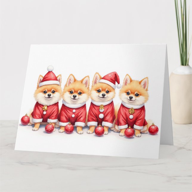 Pomeranian julklänning tomtehatt kort (Framsida)