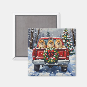 Pomeranian julröd lastbil julpresent magnet