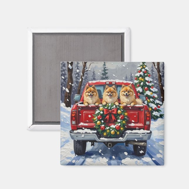 Pomeranian julröd lastbil julpresent magnet (Front/Back)