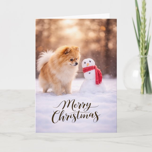 Pomeranian Julsnöman Helgkort (Framsida)