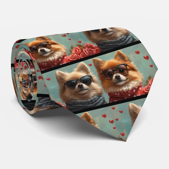 Pomeranian med hjärtrusor Alla hjärtans dag  Slips (Rullad)