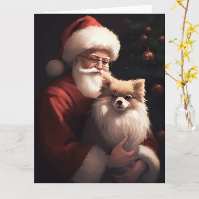 Pomeranian Med Tomte Festive Jul  Kort (Gul blomma)
