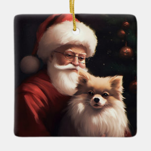 Pomeranian med tomte festlig jul julgransprydnad keramik