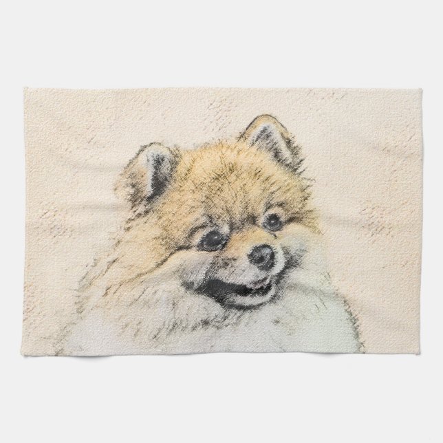 Pomeranian (Orange) Målning - Original Hund Konst Kökshandduk (Horisontell)