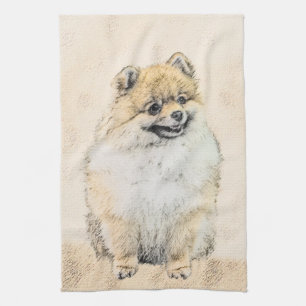 Pomeranian (orange) målning - original- hundkonst kökshandduk
