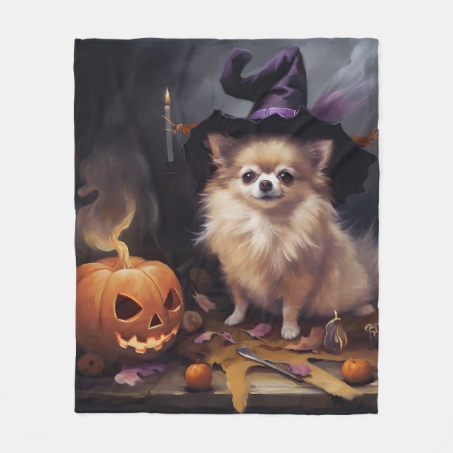 Pomeranian Pumpor Halloween Skräckinjagande Fleecefilt (Framsidan)