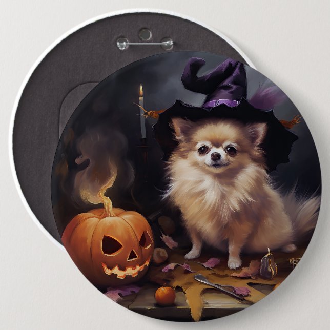 Pomeranian Pumpor Halloween Skräckinjagande Knapp (Framsida & baksida)