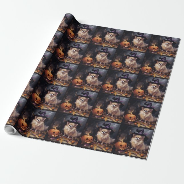 Pomeranian Pumpor Halloween Skräckinjagande Presentpapper (Utrullad)