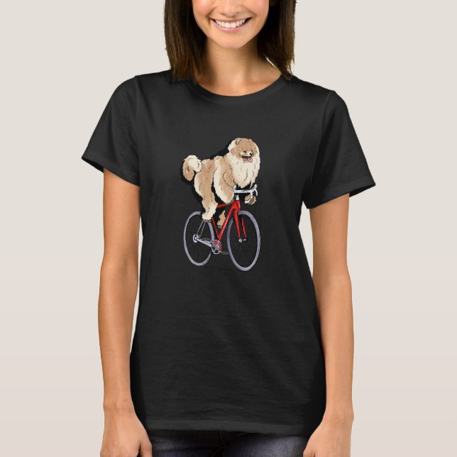 Pomeranian Riding Bicycle Cute Biker Cyclist Premi T Shirt (Framsida)