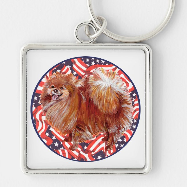 Pomeranian Röd Vit & Blå Fyrkantig Silverfärgad Nyckelring (Framsidan)