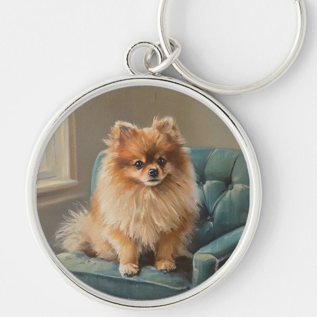Pomeranian Rund Silverfärgad Nyckelring (Framsidan)