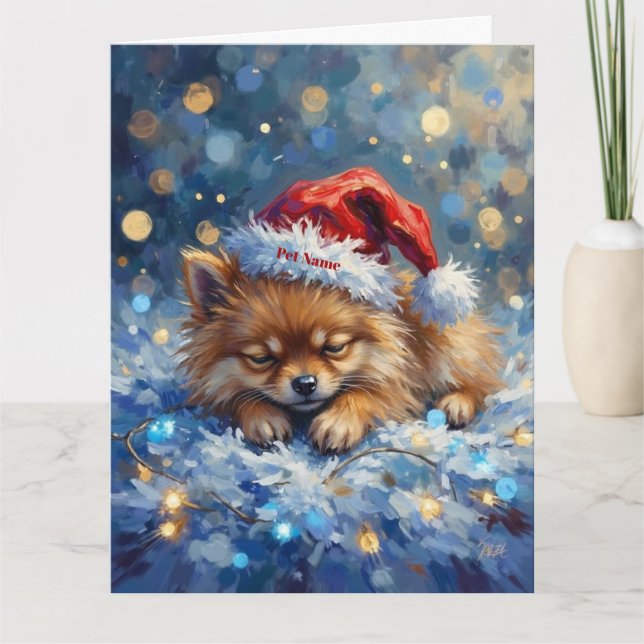 Pomeranian Sleeping on Fairy Lights Christmas Hat Kort (Framsida)