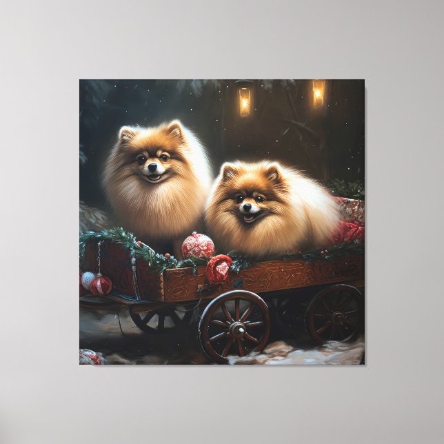Pomeranian Snöig släde juldekoration Canvastryck (Framsida)