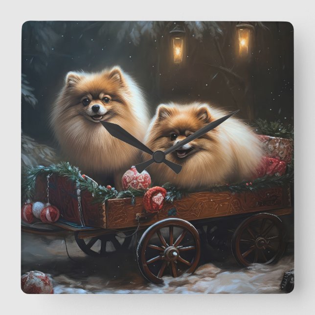 Pomeranian Snöig släde juldekoration Fyrkantig Klocka (Framsida)