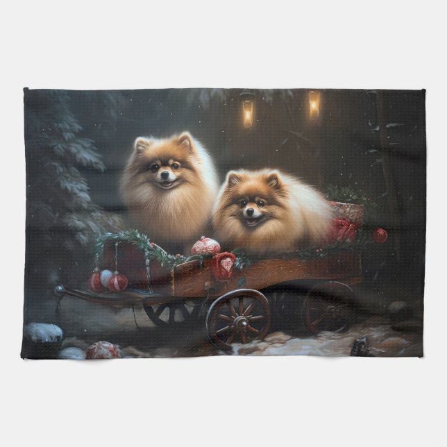 Pomeranian Snöig släde juldekoration Kökshandduk (Horisontell)