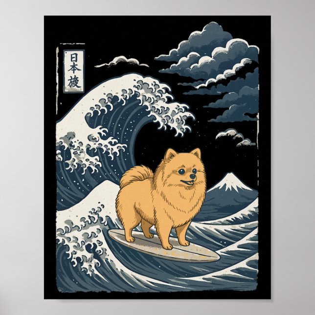 Pomeranian som surfare japansk våg _2  poster (Framsidan)
