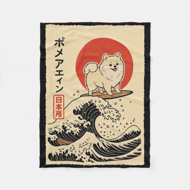 Pomeranian som surfare japansk våg  fleecefilt (Framsidan)