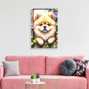Pomeranian som tittar genom en trädport canvastryck