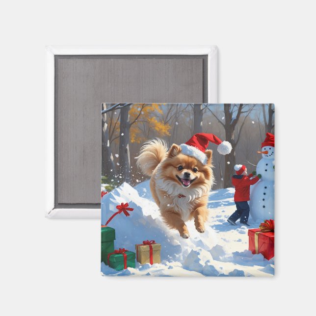Pomeranian springer i snö med julhatt magnet (Front/Back)