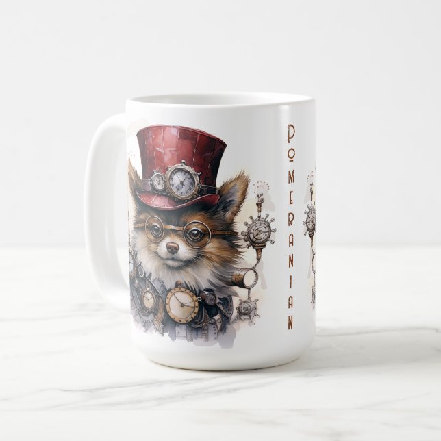 Pomeranian Steampunk Hund Kaffemugg (Framsida vänster)