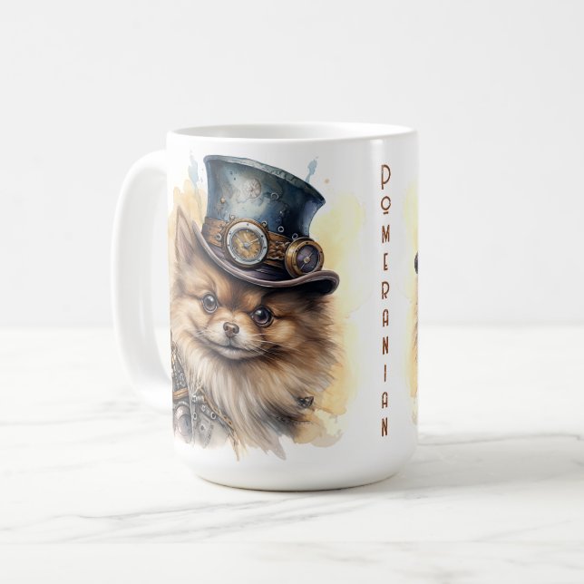 Pomeranian Steampunk Hund Kaffemugg (Framsida vänster)