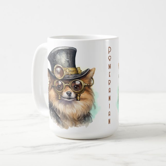 Pomeranian Steampunk Hund Kaffemugg (Framsida vänster)