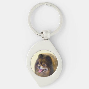 Pomeranian Svart och Tan Målning Original Hundkons Swirl Silverfärgad Nyckelring