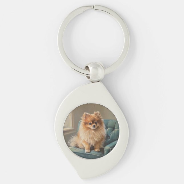 Pomeranian Swirl Silverfärgad Nyckelring (Framsidan)
