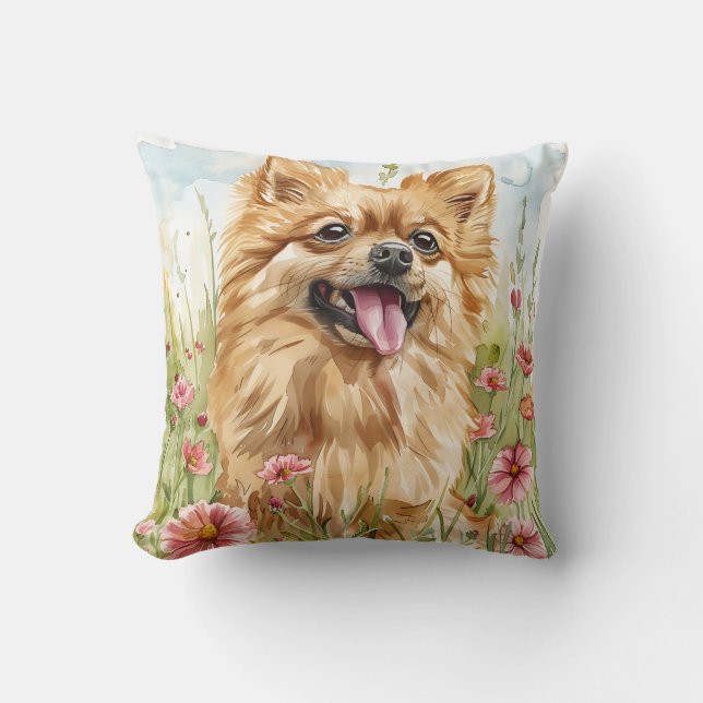 Pomeranian Throw Pillow – Watercolor Kudde (Framsida)