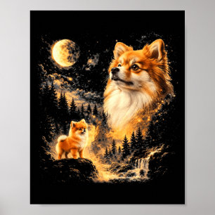 Pomeranian tjuter mot månen vintage 90-tal retro poster