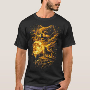 Pomeranian tjuter mot månen Vintage 90-tal Roligt T Shirt