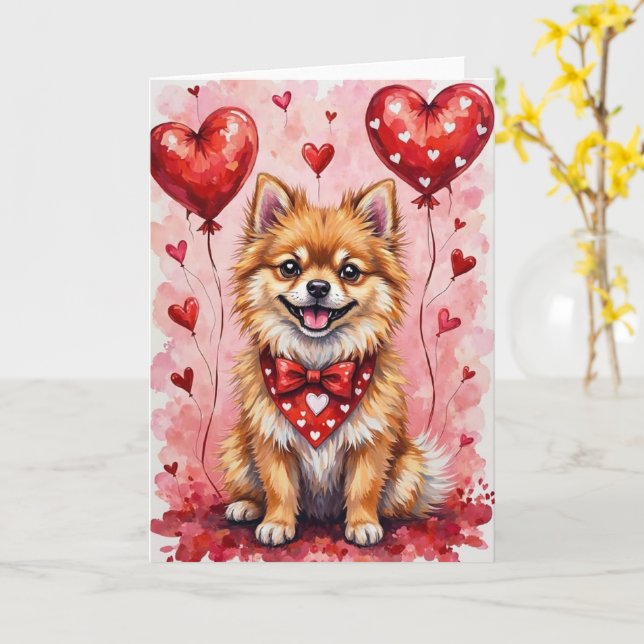 Pomeranian Valentine’s Day Dog with Hearts Red Kort (Gul blomma)
