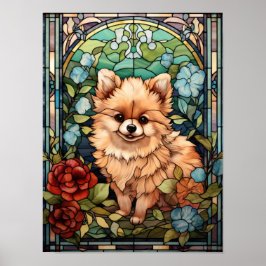 Pomeranian-valp Färgat Glas Blommig Fönsterkonst Poster