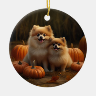 Pomeranian-valp Höstglädje Pumpa Julgransprydnad Keramik